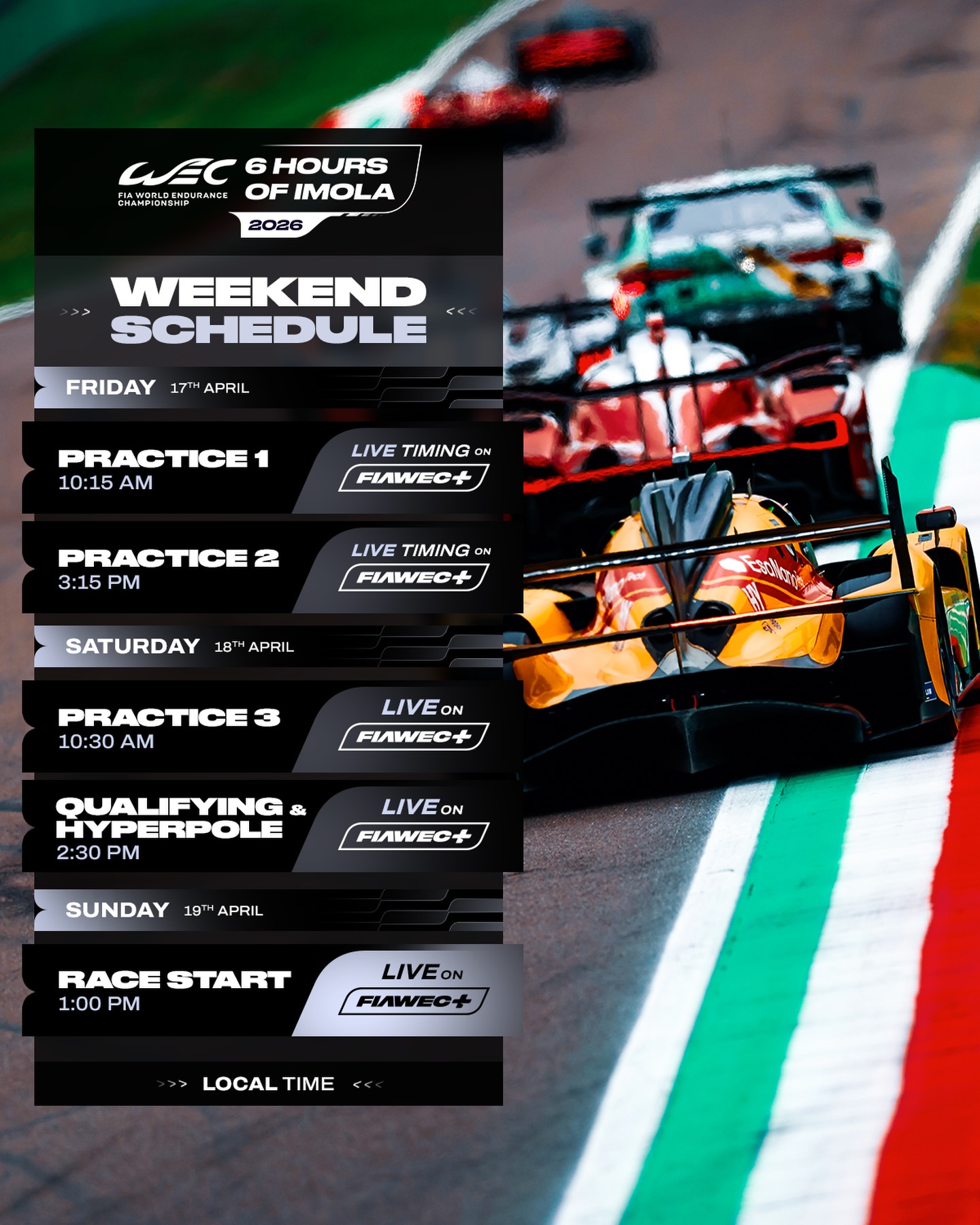 🗓️ Event schedule for our SEASON OPENER! The 6 Hours of Imola gets underway tomorrow so save this po